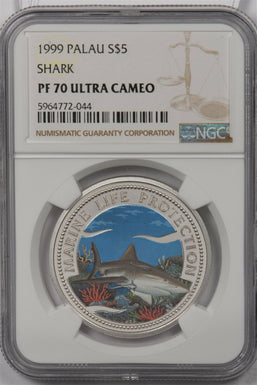 Palau 1999 5 Dollars silver NGC Proof 70UC Shark Perfect 70 NG1434 combine shipp