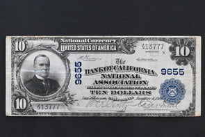 US 1902 $10 VF+ National Currency Bank of Calif Nat'l Assn #9655 Plain Black RC0