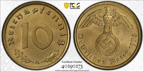 Germany 1938 A 10 Pfennig Eagle animal PCGS MS65 Third Reich. J-364 PC1059 combi