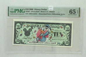Disney Dollar 2000 $10 PMG Gem UNC 65EPQ DIS67. Donald. Disneyland Paris Millen