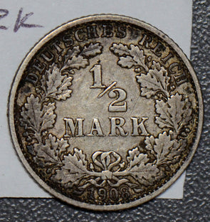 Germany 1908 G 1/2 Mark silver  190517 combine shipping