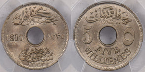 Egypt 1917 -H AH 1335 5 Milliemes PCGS MS 65 KM-315, 5628 PC1463 combine shippin