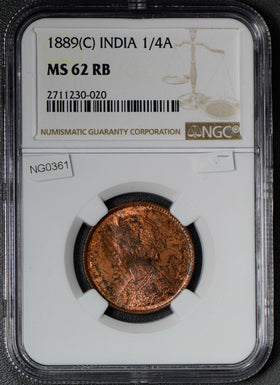 NG0361 British India 1889 C 1/4 Anna NGC MS62 RB