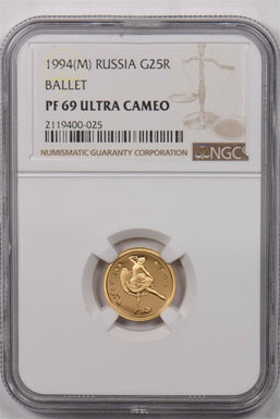Russia USSR 1994 M 25 Roubles gold NGC Proof 69 Ultra Cameo 0.1oz gold. Ballet N