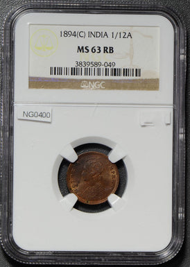 British India 1894 C 1/12 Anna NGC MS63RB calcutta mint NG0400 combine shipping