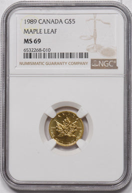 1989 Gold Canada $5 Gold Maple Leaf 1/10oz Gold NGC MS69 NG1788