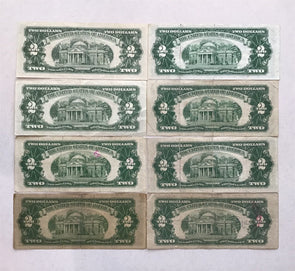 All 1953~53 C 2 Dollars Lot of 8 red seal US notes 4-well circulated, 4 nice cir