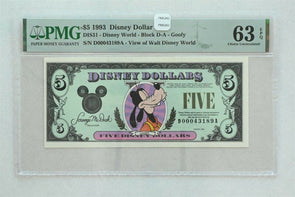 Disney Dollar 1993 $5 PMG Choice UNC 63EPQ DIS31. Goofy. View of Walt Disney W