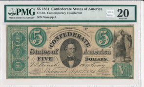 PM0106  1861 $5 PMG VF20 confederate contemporary restrike combine shipping