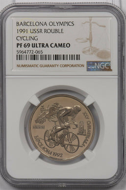 Russia USSR 1991 Rouble Ruble NGC PF 69UC Barcelona Olympics Cycling NG1387 comb