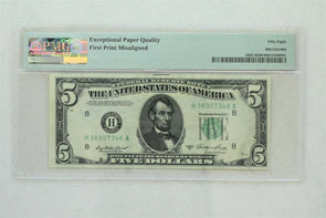 Misalignment error Federal Reserve Note 1950 A $5 PMG AUnc 58EPQ Fr#1962-H